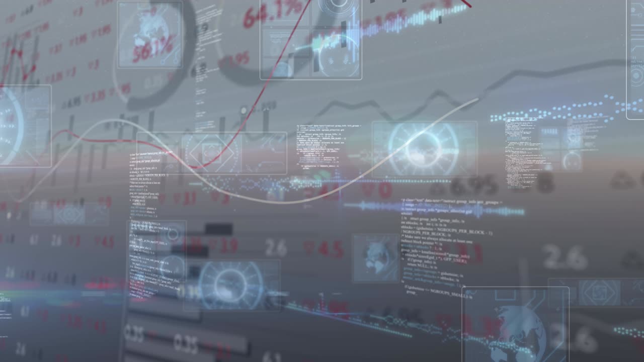 Animation of glowing interface with charts, information and statistics moving on dark background