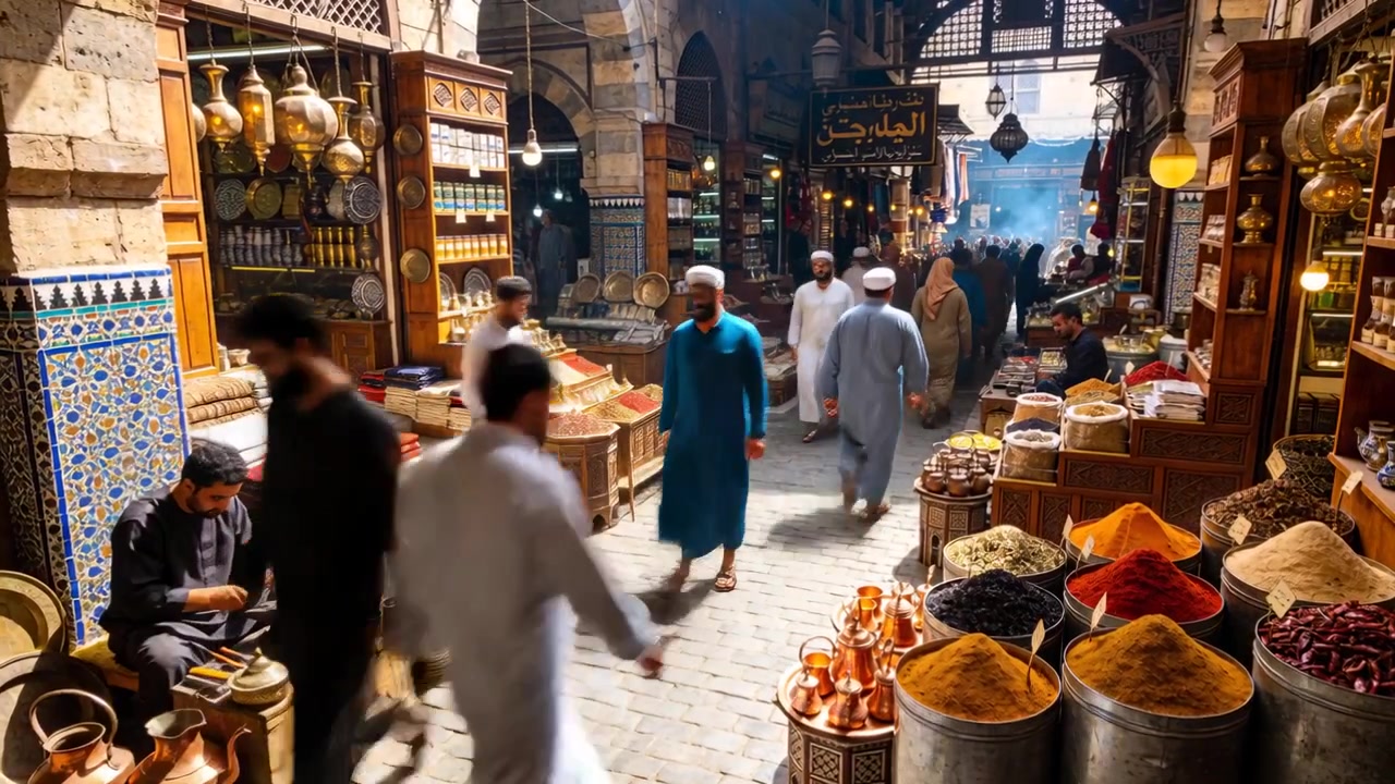 Dar çarşı koridorunda kalabalığı canlandıran mavi tunikli adam, baharat tezgahı arayan alışveriş yapanlar.