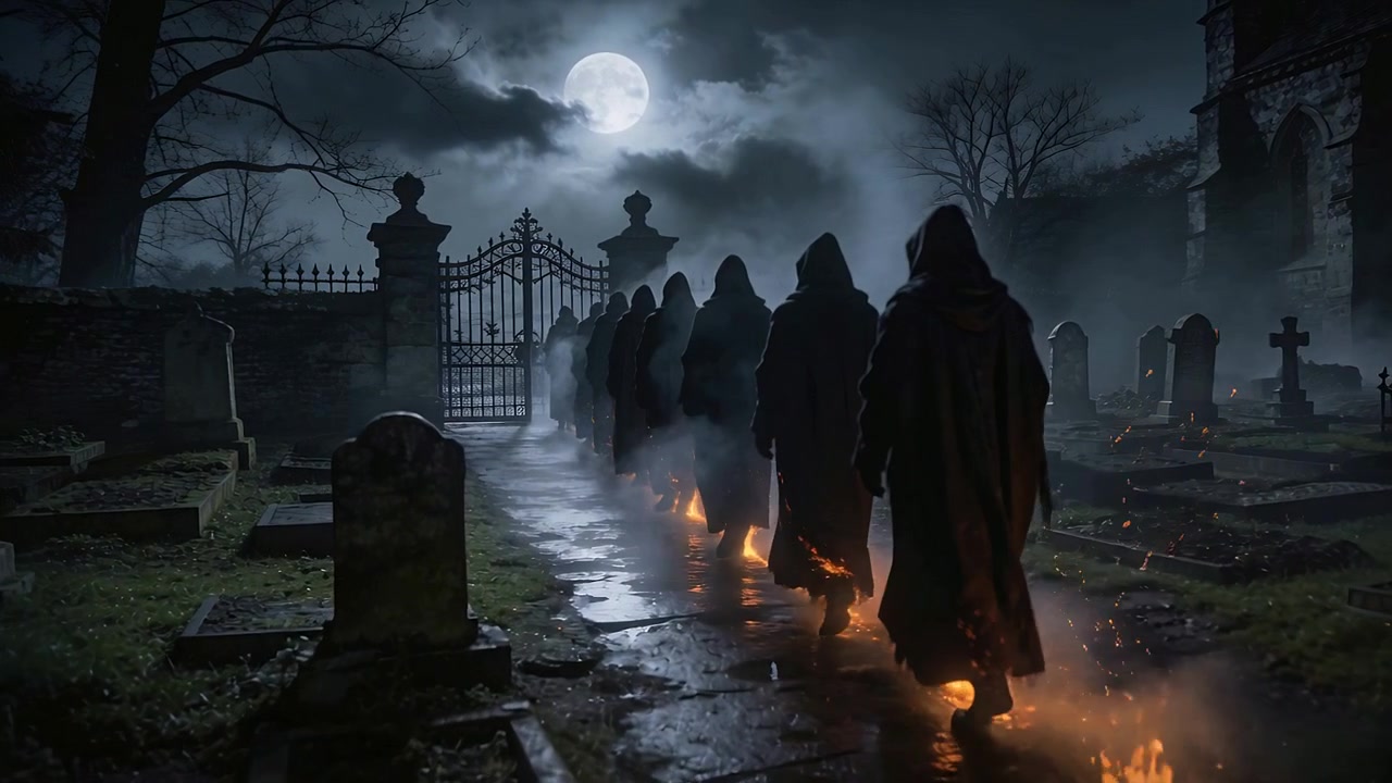 Gående hettekledde ritualfigurer som beveger seg fra porten mot betrakteren langs månebelyste graver, og etterlater glør
