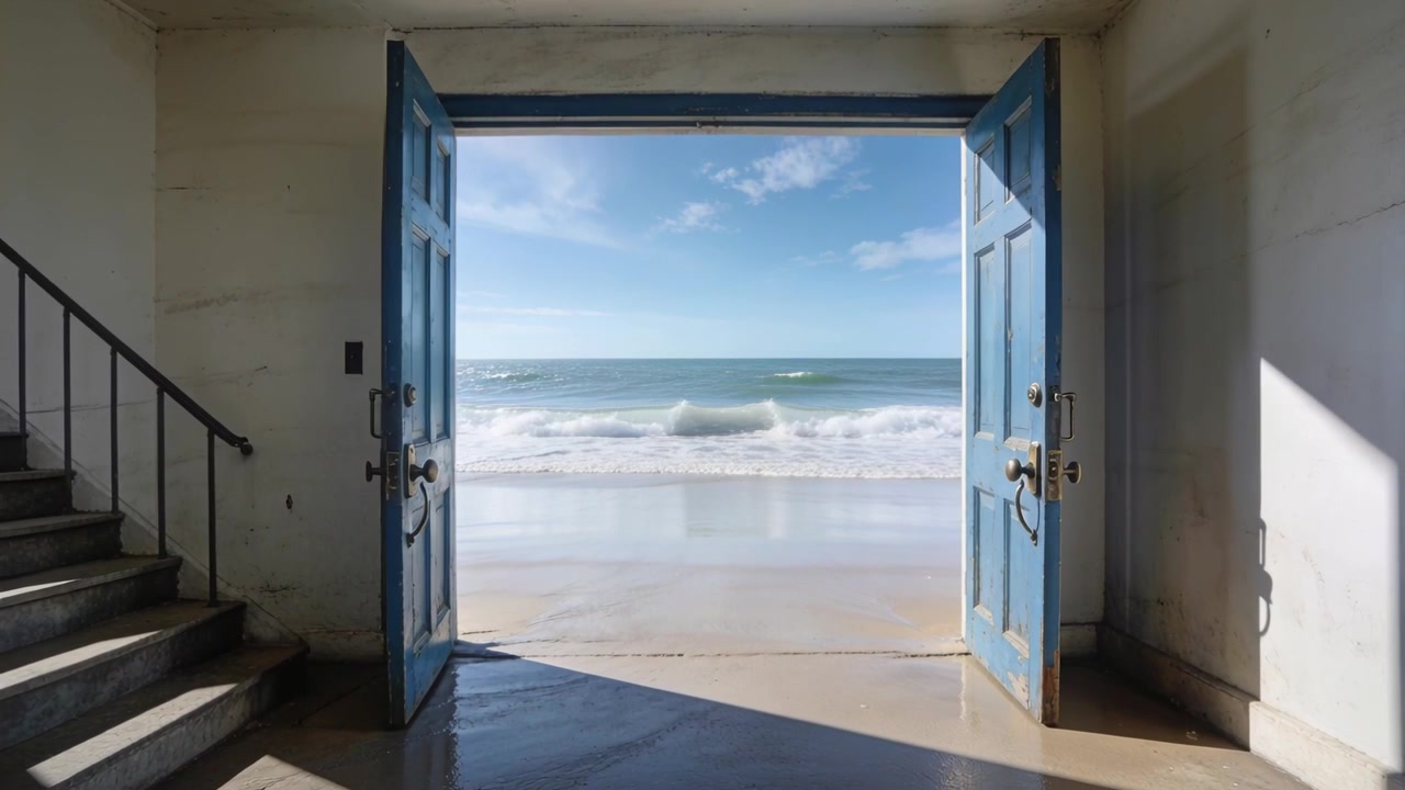 Puertas azules que se balancean al compás de la brisa marina en una caseta de botes, revelando una playa de arena y olas rompiendo.