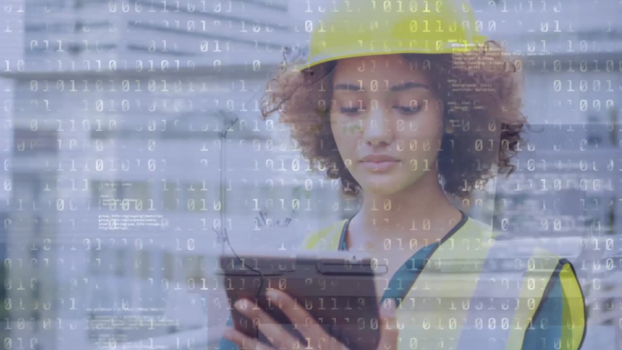 Binary coding data processing against african american female architect using digital tablet