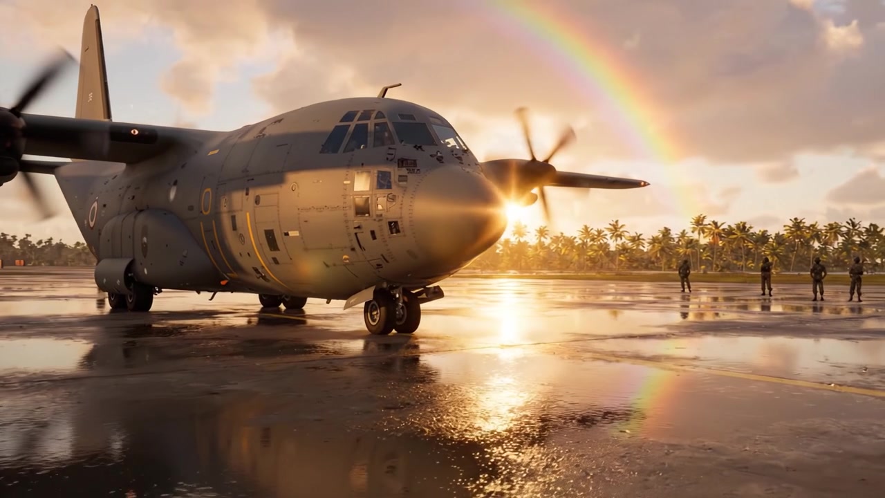 Una splendida immagine di un aereo militare che si crogiola al sole, con un brillante arcobaleno che si inarca su un paesaggio tropicale e personale che si prepara per la missione.