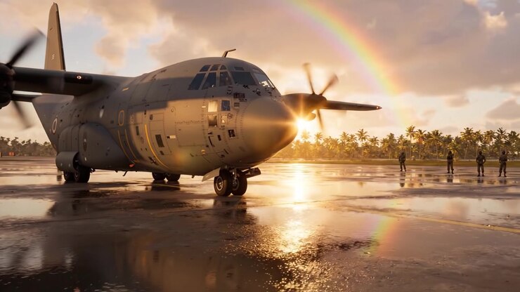 Een Indrukwekkend Beeld Van Een Militair Vliegtuig Badend In Het Zonlicht, Met Een Schitterende Regenboog Die Over Een Tropisch Landschap Spant En Personeel Dat Zich Voorbereidt Op Een Missie.