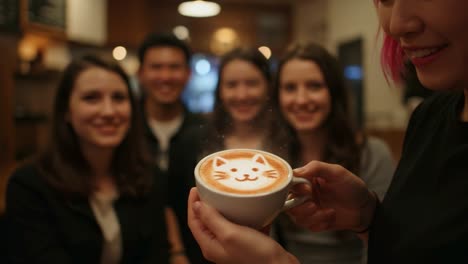 enjoying whimsical cat art in coffee: a group of friends cherish a unique latte design in a cozy café atmosphere, filled with laughter and connection