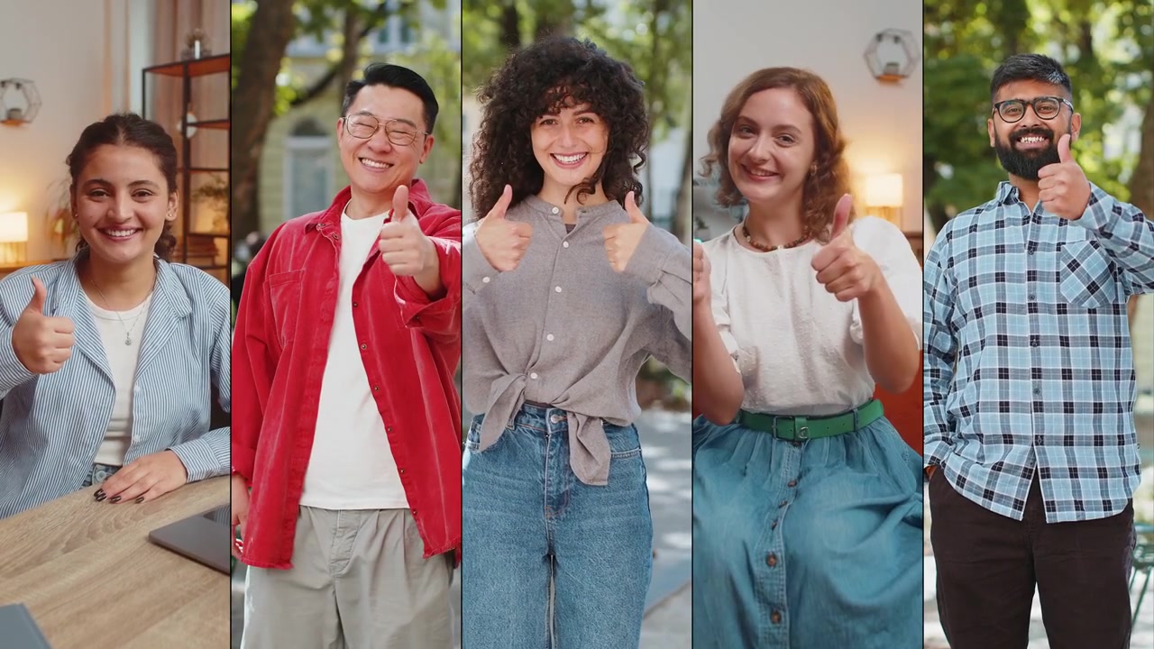 Collage of diverse happy smiling people showing thumbs up like sign positive good positive feedback