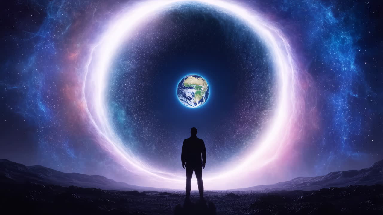 A lone figure gazes at Earth through a cosmic portal