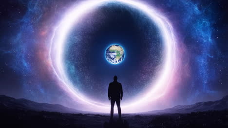 a lone figure gazes at earth through a cosmic portal