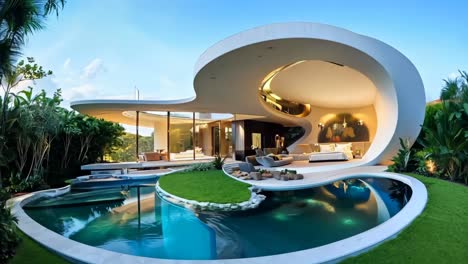 a modern house with a pool in the middle of it