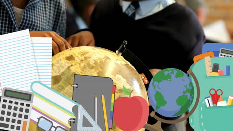 animation of school items icons over african american schoolchildren using globe