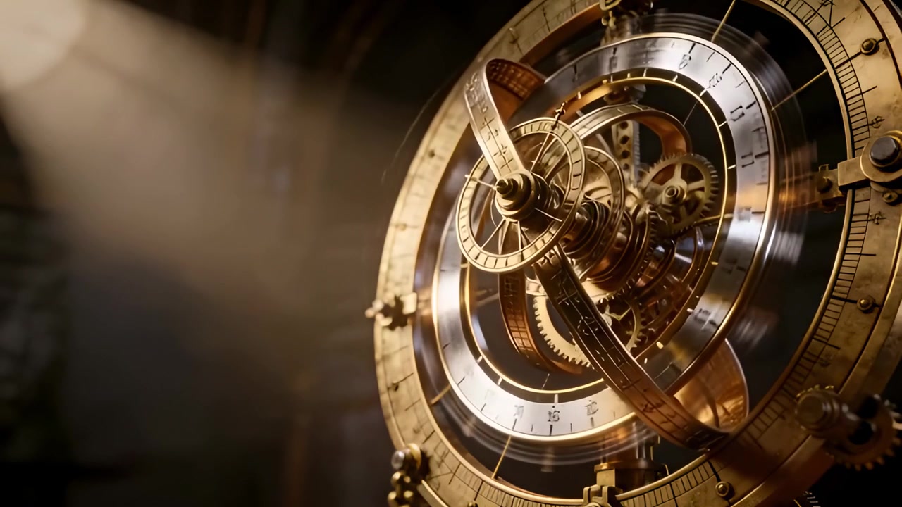 Dispositivo orrery de latão girando na oficina revelando engrenagens e mostradores, com um feixe de luz do telhado entrando.