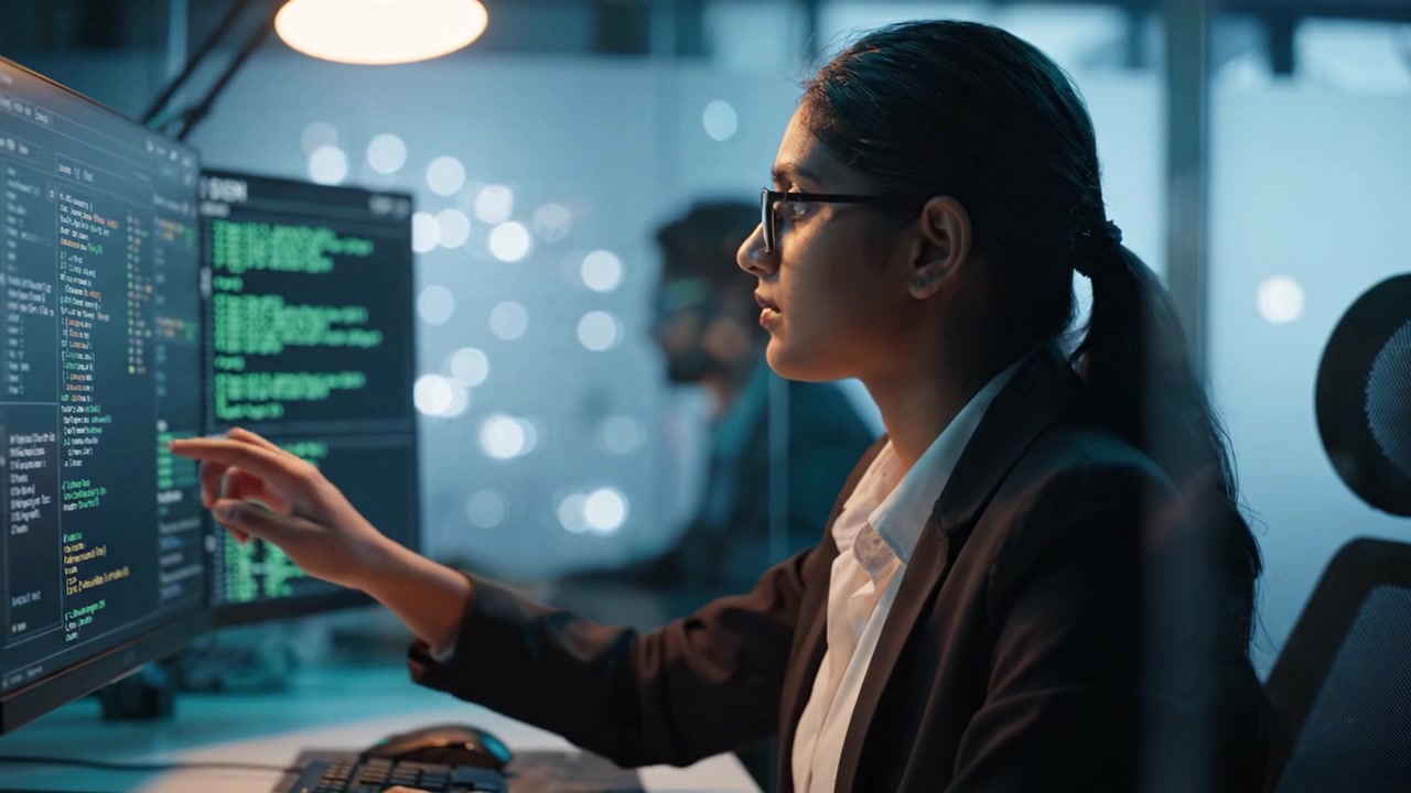 Focused Software Developer Analyzing Code on Dual Monitors in a Modern Office Environment with a Professional Aesthetic and an Emphasis on Technology and Innovation