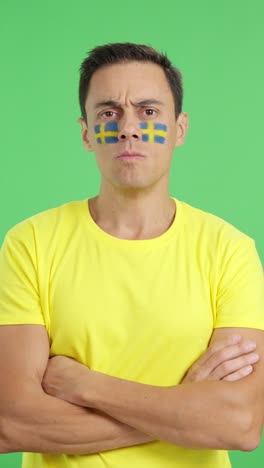 Dignified and serious man with swedish flag painted on face