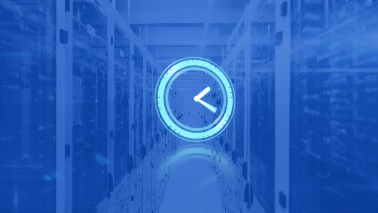 Animation of neon ticking clock and abstract hexagonal shape against computer server room