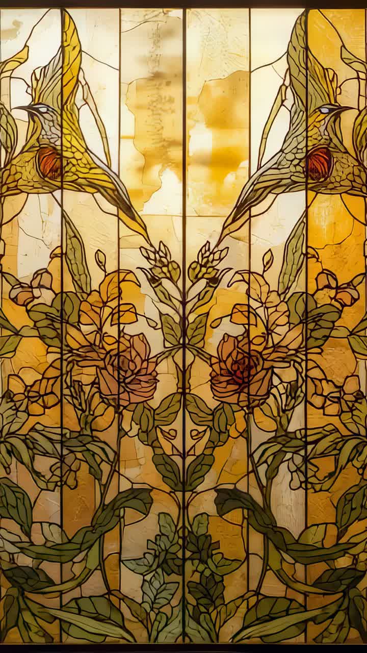 Vertical video: Starting camera drift revealing leaded window in chapel, showing birds, roses, sun