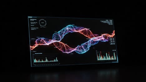 dynamic representation of data trends using vibrant waves and analytics displayed on a modern screen in a dark environment