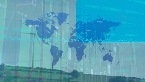 Animation-Der-Finanzdatenverarbeitung-Und-Weltkarte-über-Windkraftanlage