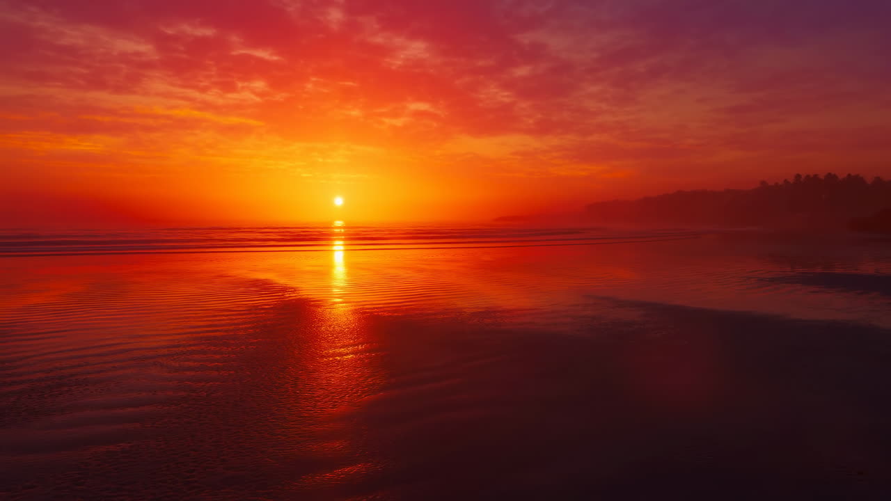 Leuchtender Sonnenuntergang über Meeresstrand mit dramatischer Himmelsspiegelung