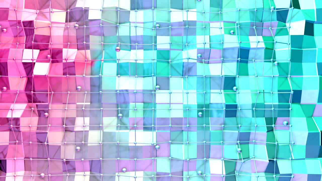 baja superficie polimétrica 3d con cuadrícula o malla voladora y esferas móviles como telón de fondo. suave fondo polimétrico bajo de polígonos rojos azul puros. fondo de bucle sin costuras 4k fullhd
