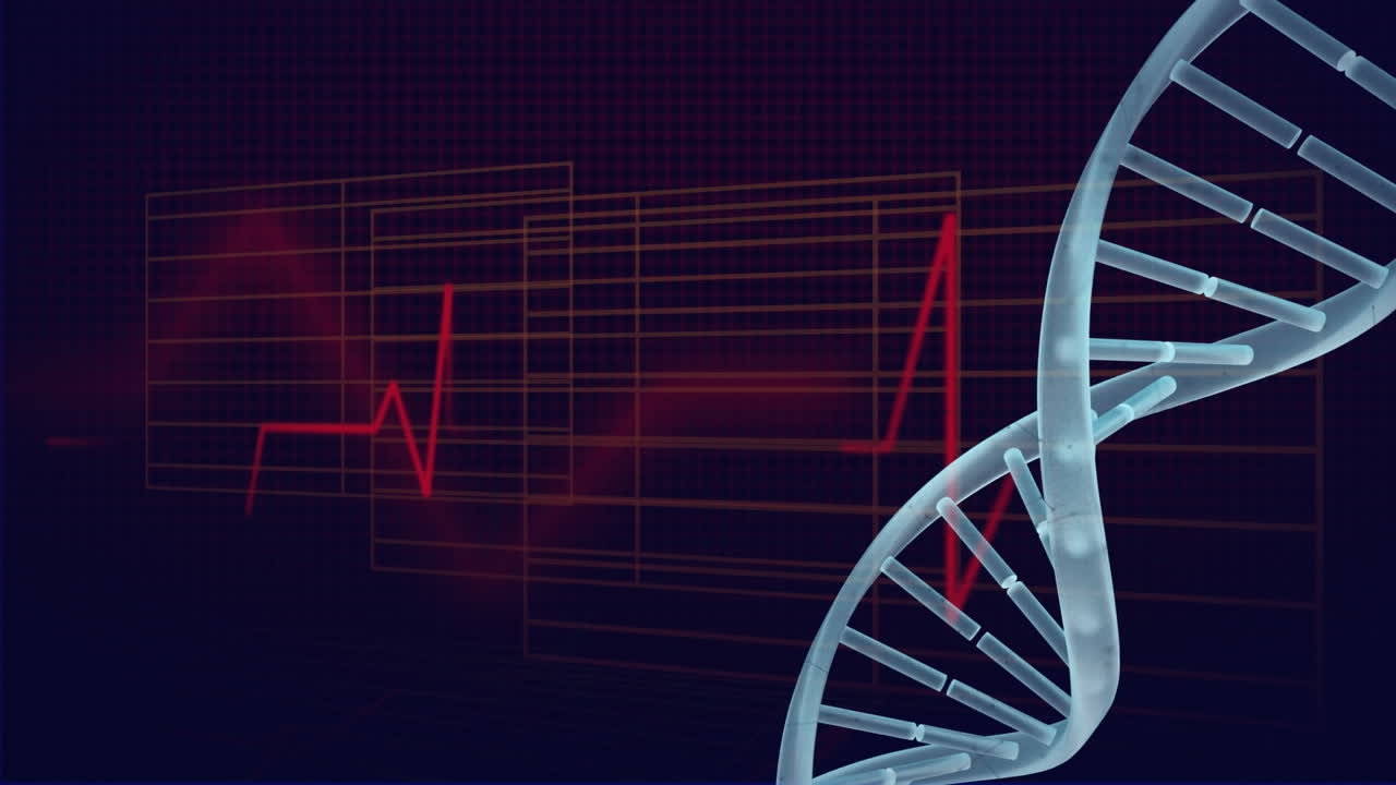 animación de la estructura del adn girando sobre el monitor de frecuencia cardíaca contra un fondo azul