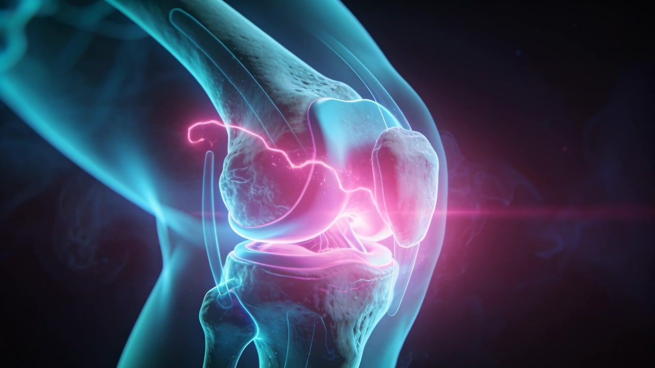 Pulsing magenta glow drawing knee showing growing fissure in 3D studio, indicating cartilage damage