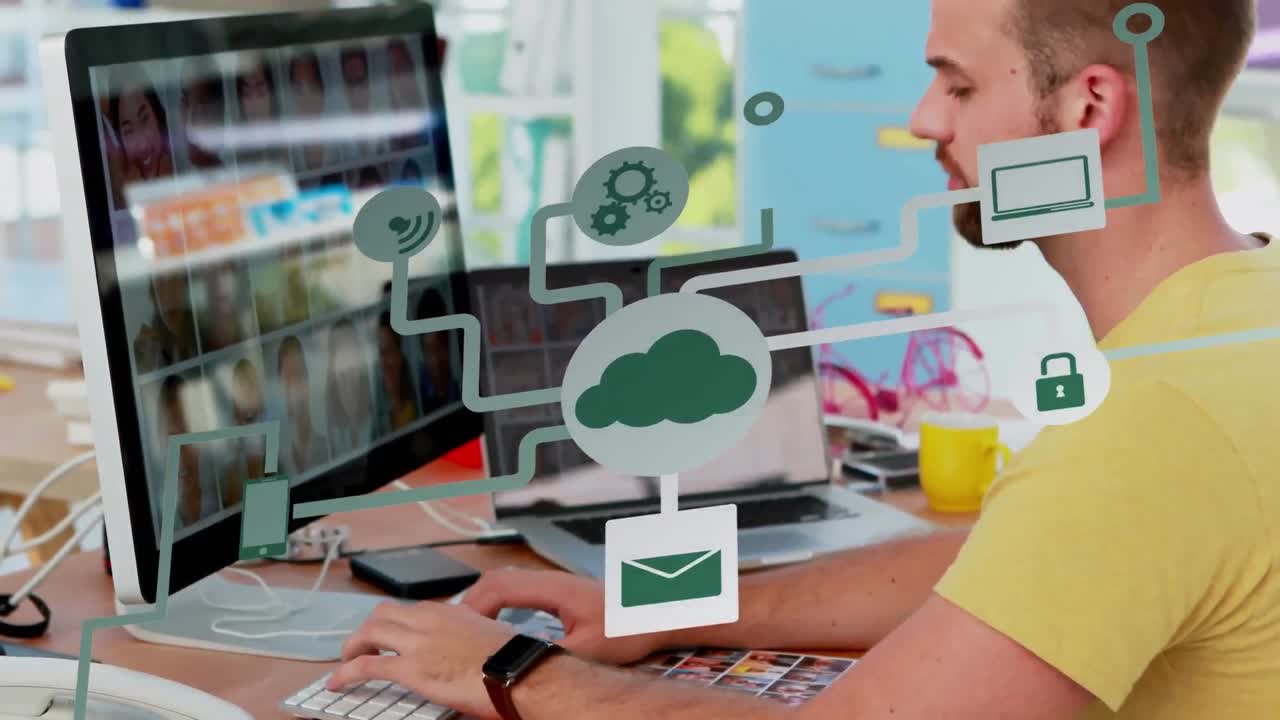 animación de la red de conexiones e iconos sobre el hombre de negocios en la oficina