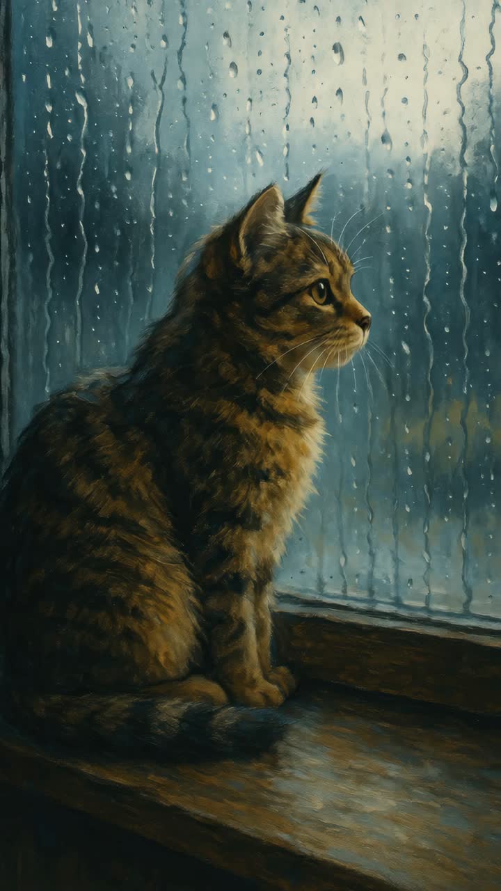 A serene video concept featuring a side view of a cat gazing out a rain-streaked window