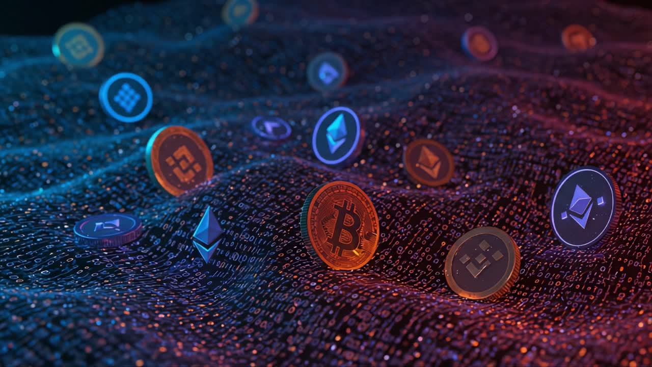 A Dynamic Visualization of Cryptocurrency Evolution, Featuring Floating Digital Coins Amidst a Binary Matrix, Representing the Future of Finance and Technology