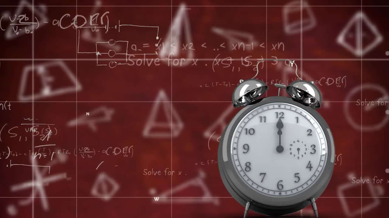 Digitaalinen sommitelma tikittävästä kellosta matemaattisten yhtälöiden ja geometristen muotojen yllä punaista taustaa vasten.