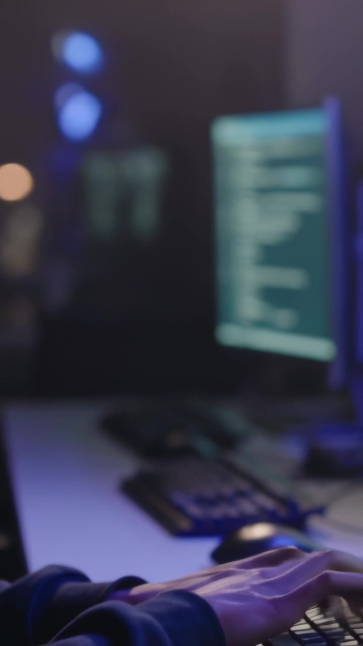 Video verticale: Sviluppatore con felpa scura che digita in ufficio di notte con monitor che mostrano codice, spazio per il testo