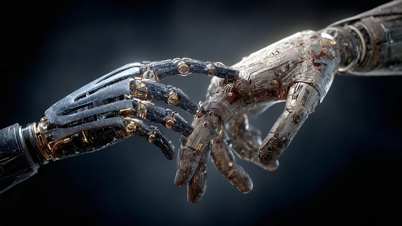 An Intriguing Connection: The Moment of Touch Between Two Futuristic Robotic Hands, Blending Human Elements with Advanced Technology in a Stunning Visual Display