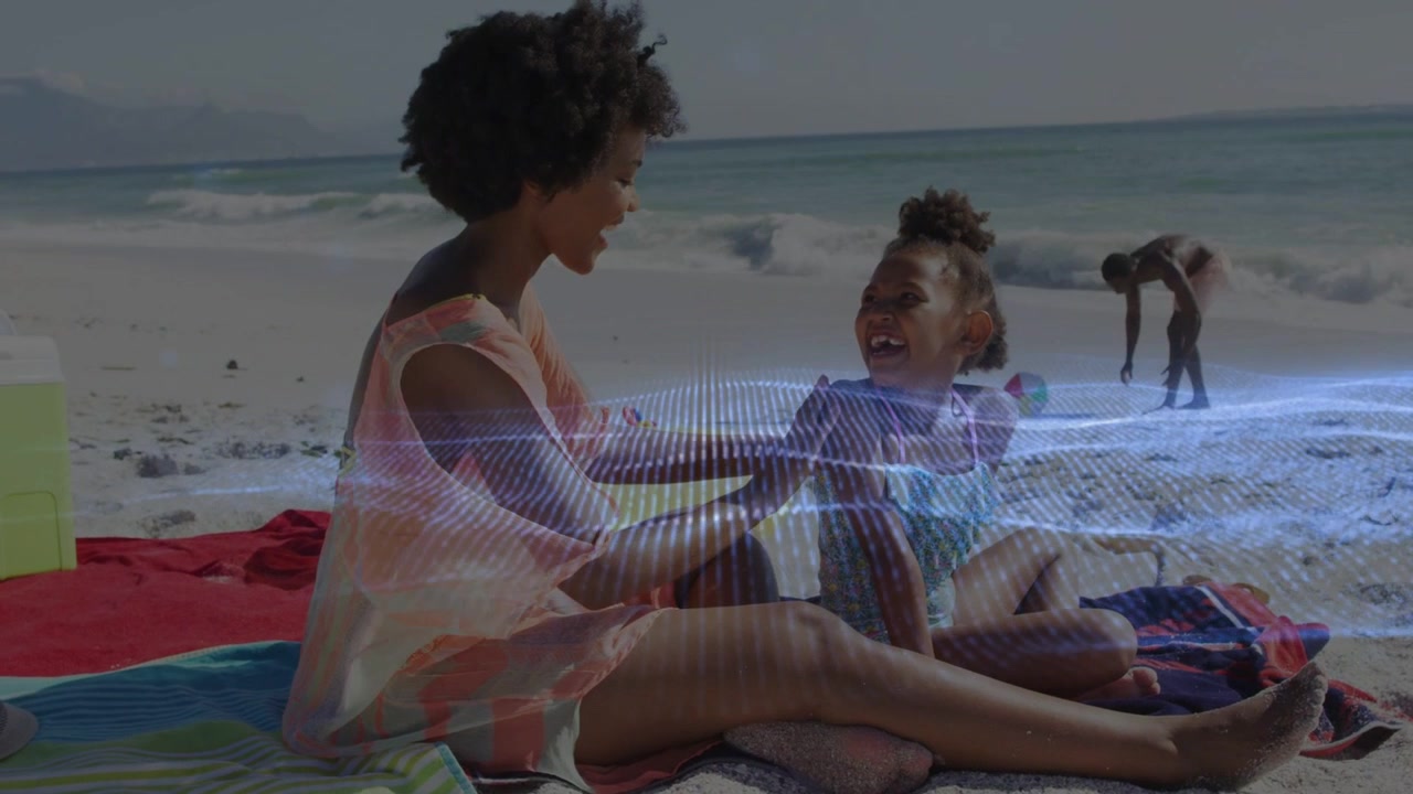 Woman reaching applying sunblock to girl on beach for health, blue overlay sweeping boys by surf