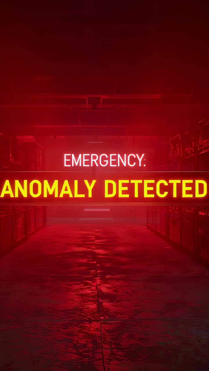 Vertical video: Appearing EMERGENCY alert banner pulsing in red aisle, warning of ANOMALY DETECTED