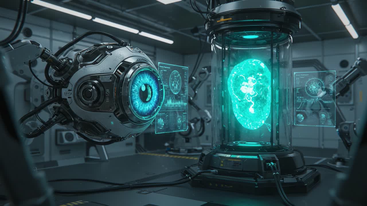 Futuristic Laboratory Scene Featuring an Advanced Robot Eye Monitoring a Suspended Bio-organic Brain within a High-tech Glass Container, Highlighting AI and Biotech Innovations