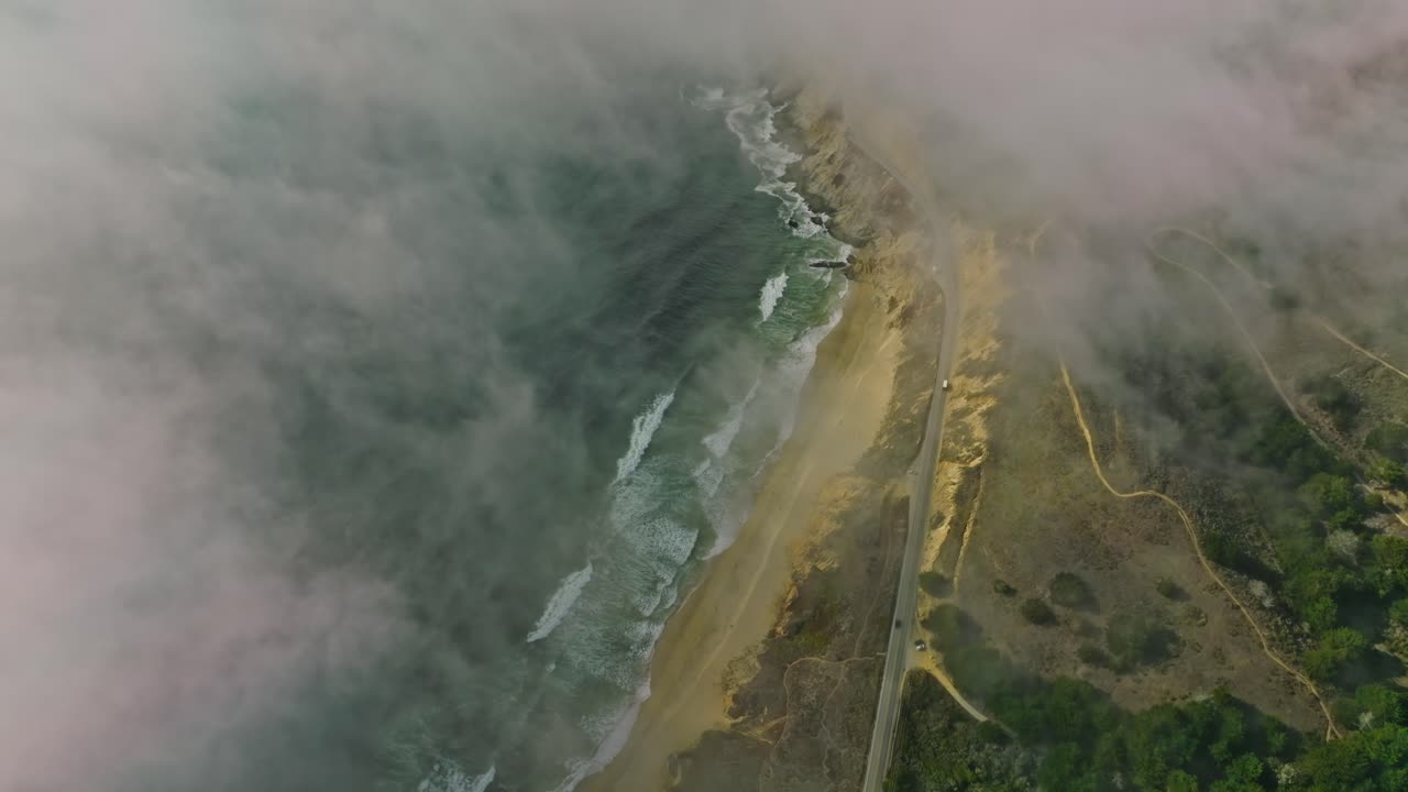 Drone Fly over Cabrillo Highway, CA. Aerial view of McNee Ranch State Park