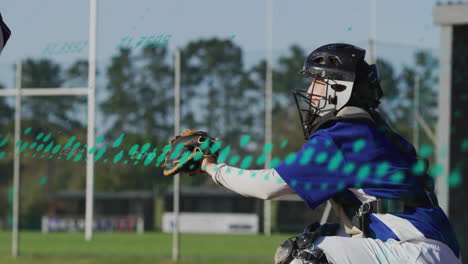 crouching female baseball catcher holding mitt on field, displaying green overlay graphics