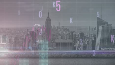 animation of changing numbers and alphabets over statistical data processing against cityscape