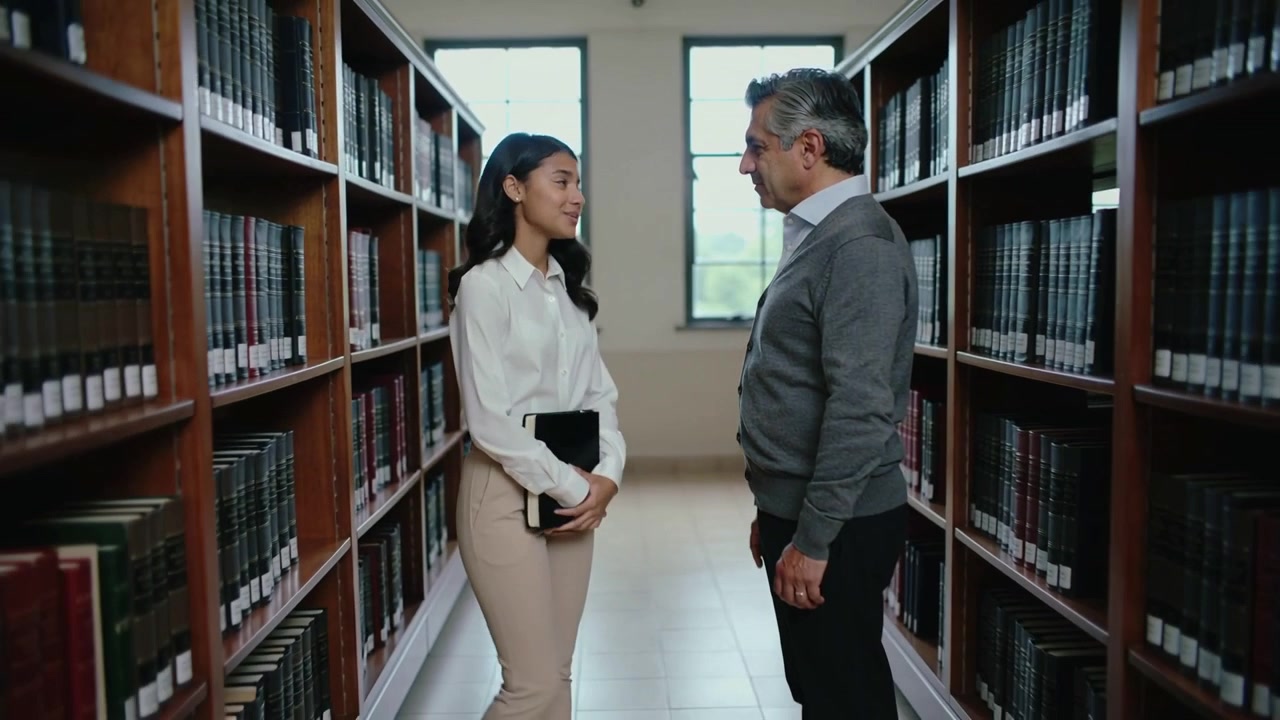 Studentessa con camicetta bianca chiude un libro rilegato, cercando aiuto dal personale in biblioteca tra gli scaffali.