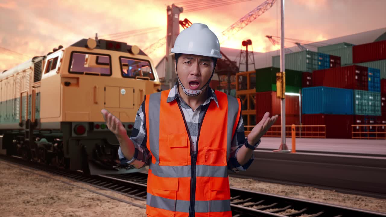 Construction worker expresses confusion or disagreement near a train and shipping containers