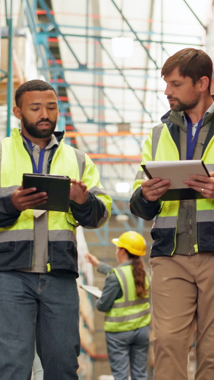 trabajadores del almacén discutiendo el inventario