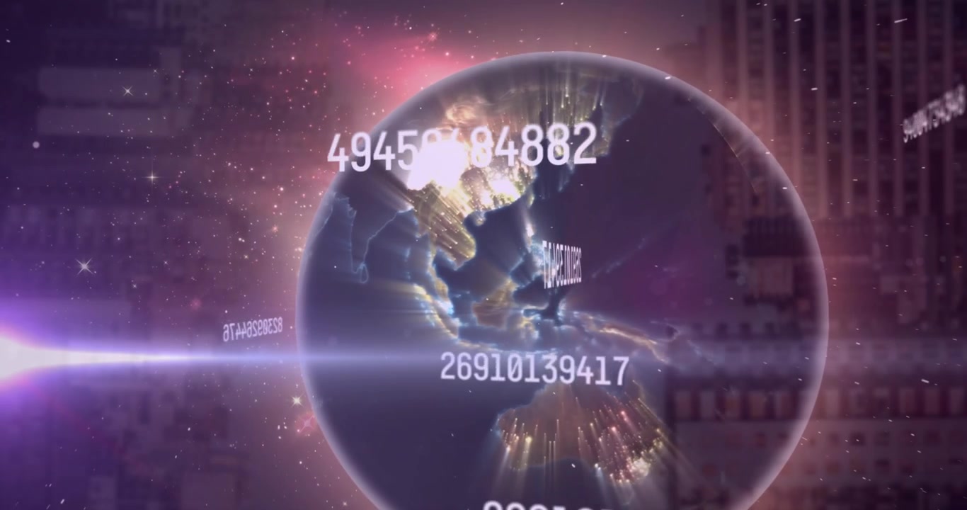 Animation of binary coding data processing over glowing computer circuit board