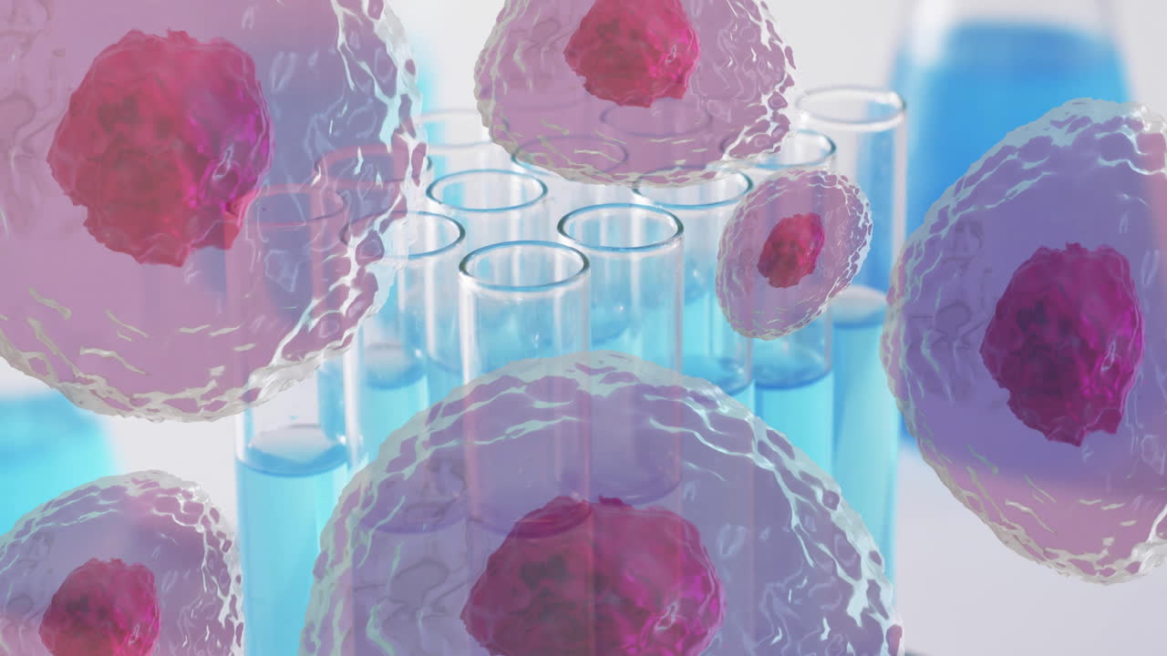 백색 배경에 실험실 접시 위에 적혈구의 애니메이션