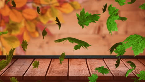 animation of autumn leaves falling over trees and wooden surface