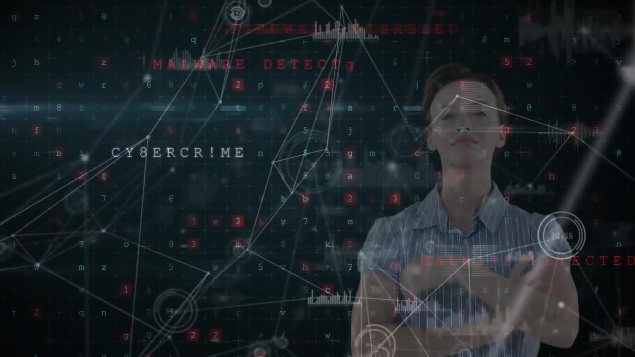 animación de una mujer caucásica usando una tableta interactiva 3d con iconos de datos y conexión flotantes