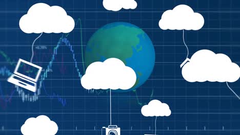 Animation-Von-Wolken-Mit-Symbolen-über-Dem-Globus-Und-Finanzdatenverarbeitung