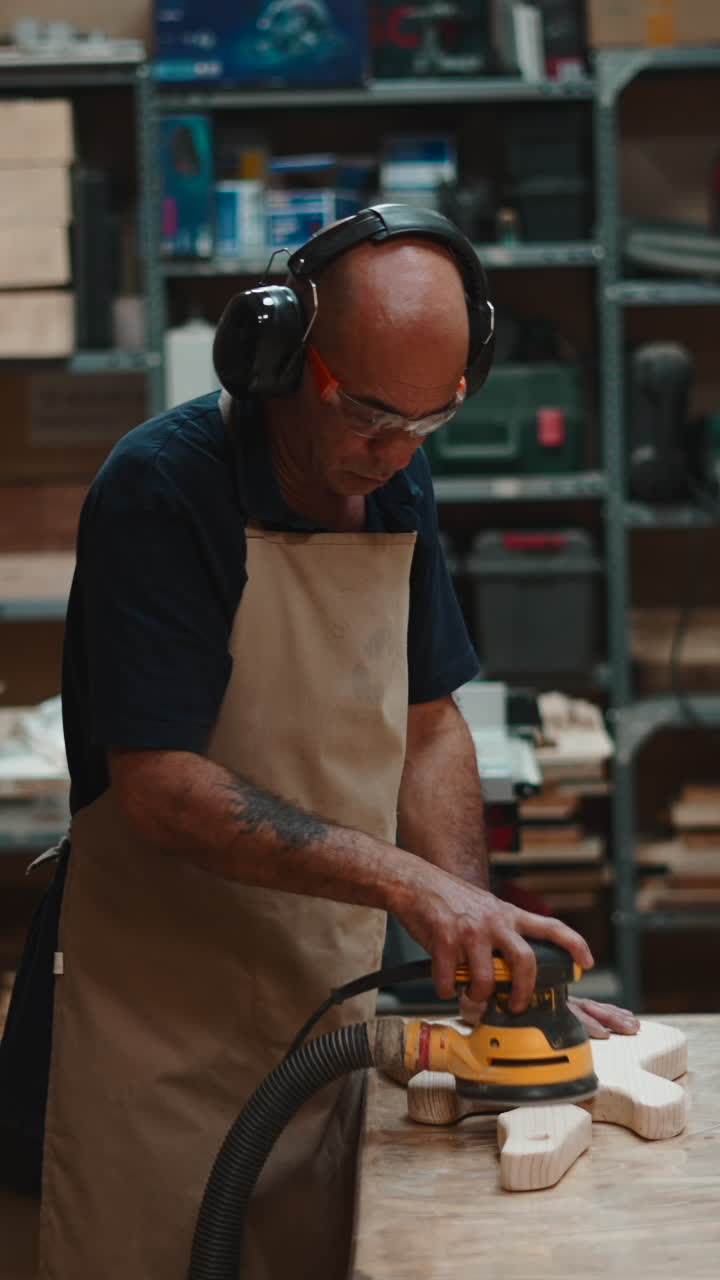 Man Sanding Wooden Guitar Body in a Workshop