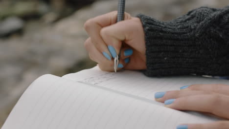 manos cerradas mujer escribiendo en el diario diario adolescente expresando pensamientos solitarios en la playa costera