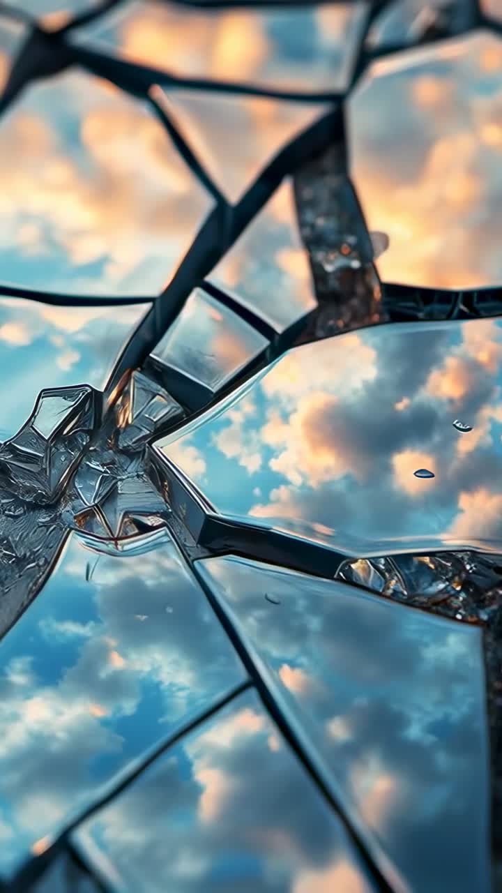 Video verticale: panning della camera che sposta i riflessi attraverso il vetro in frantumi, mostrando goccioline di cielo