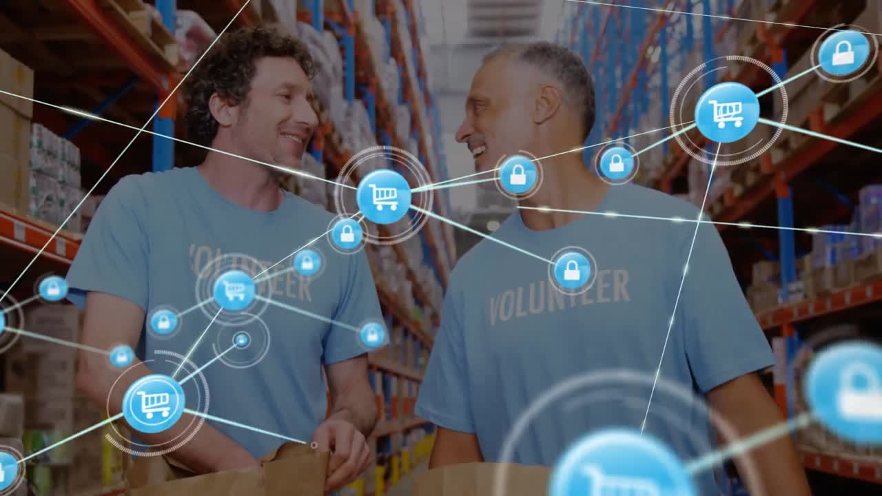 animación de la red de conexiones entre diversos trabajadores en el almacén