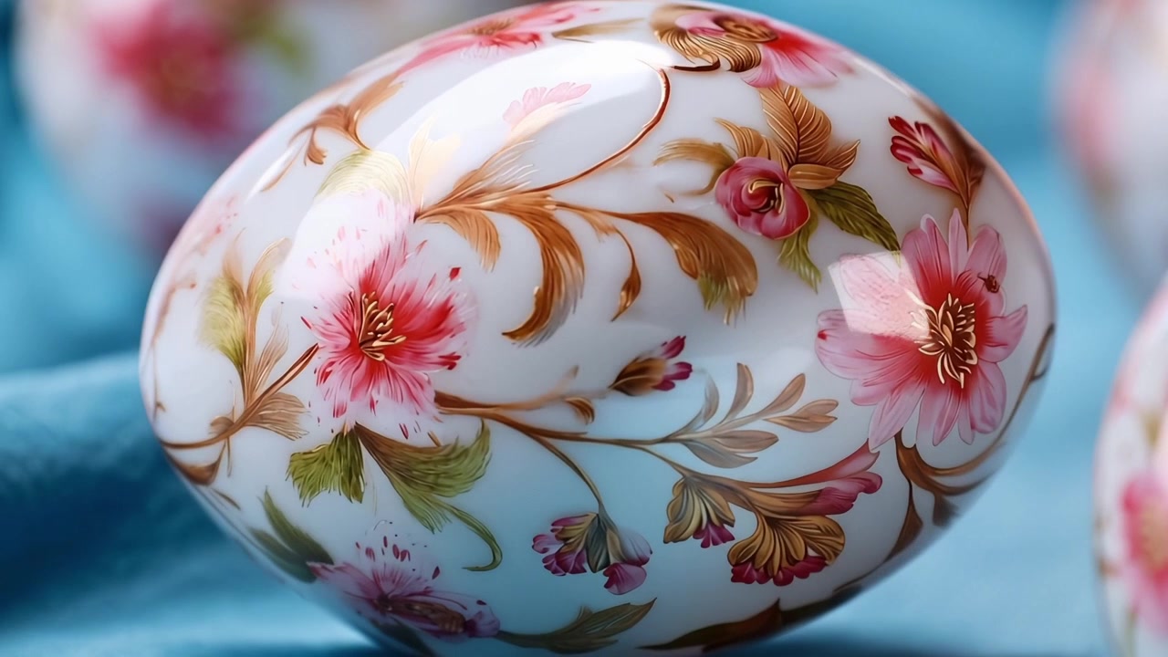Elegant White Easter Egg with Intricate Pink and Gold Floral Design