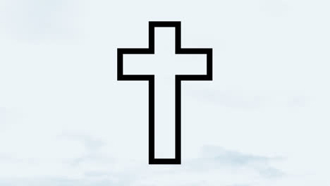 animation of black outline of christian cross over blue clouds